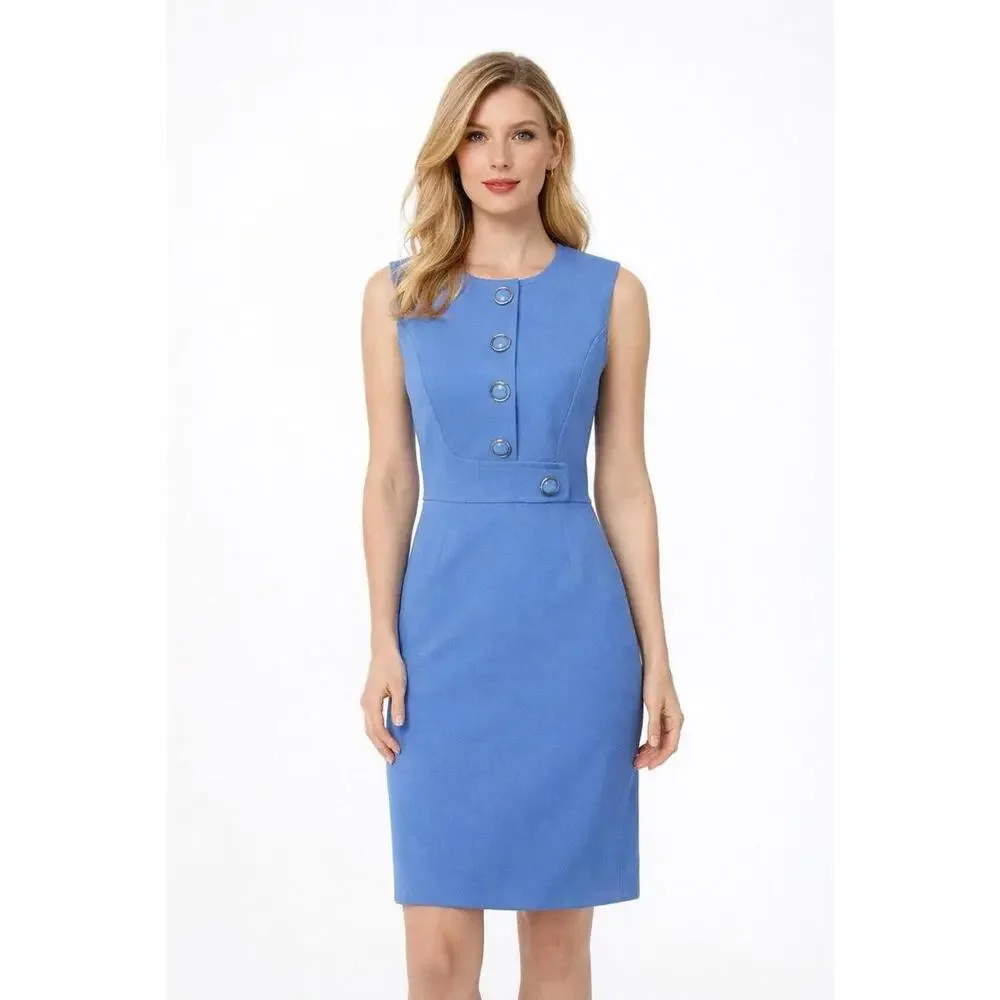 Luxury Michael Kors Collection Jackie O Sleeveless Sheath Dress 0 Buttons Blue - Picture 1 of 8